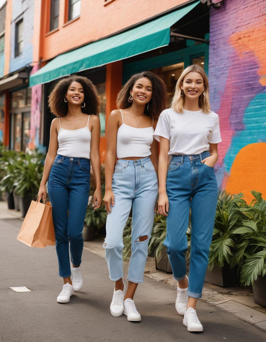 A group of stylish young adults in trendy outfits, showcasing a mix of casual and chic looks, while eagerly holding shopping bags filled with affordable fashion pieces. The scene captures a vibrant city street with colorful murals and greenery in the background, reflecting the essence of youthful energy and budget-friendly fashion. Bright, inviting colors with an upbeat atmosphere. super-realistic. vibrant colors. urban backdrop.