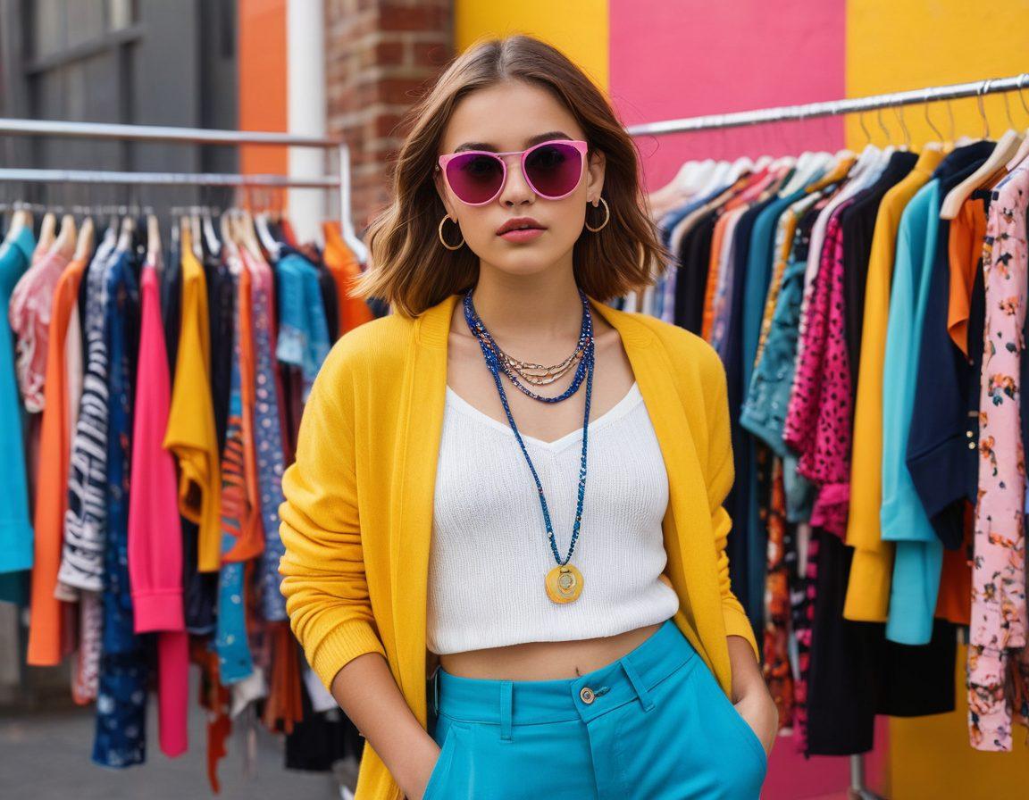 A trendy teenage girl in a chic outfit, confidently posing in a stylish urban setting, surrounded by colorful clothing options hanging on racks. Showcase diverse petite fashion styles that blend affordability and elegance, with playful accessories adding flair. Bright, youthful colors and a sunny atmosphere to evoke a sense of fun and style. fashion illustration. vibrant colors. urban background.