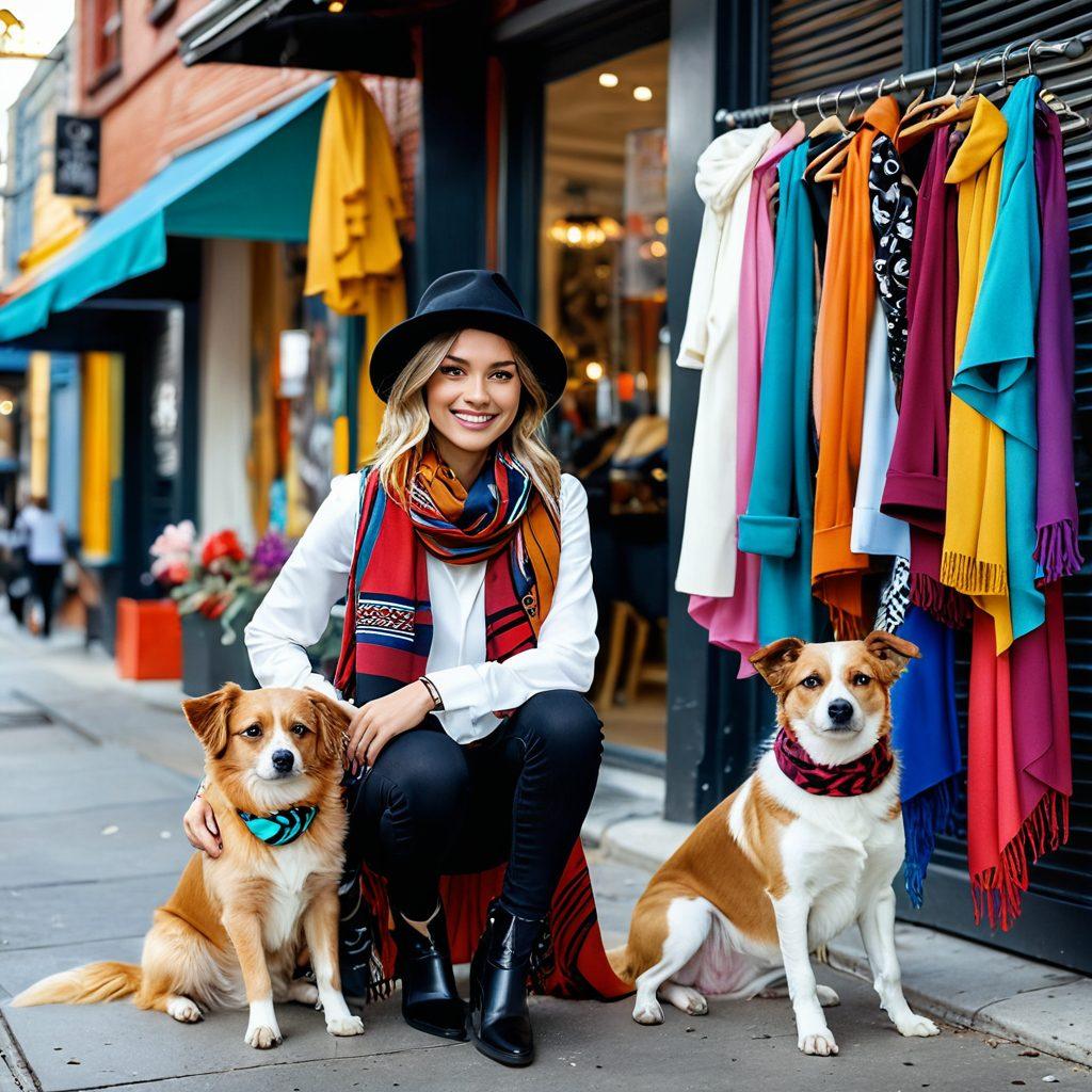 A chic petite woman confidently showcasing a variety of stylish casual outfits, surrounded by colorful fashion accessories like scarves and hats. The background features a fashionable urban setting with trendy shops and street art. The woman has a playful smirk, embodying sassiness while posing with her stylish small dog. The color palette is vibrant and energetic, highlighting a blend of casual and chic elements. super-realistic. vibrant colors. fashion illustration.
